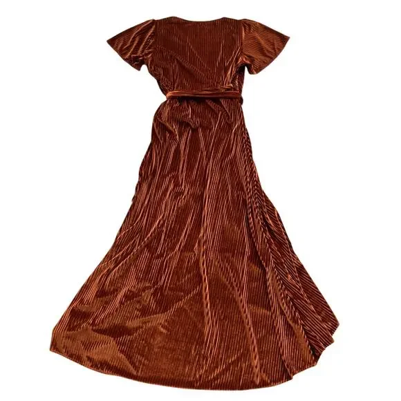 Baltic Born Andi Ribbed Velvet Wrap Dress in Copper Size XL Maxi Tulip Hem - Picture 4 of 7
